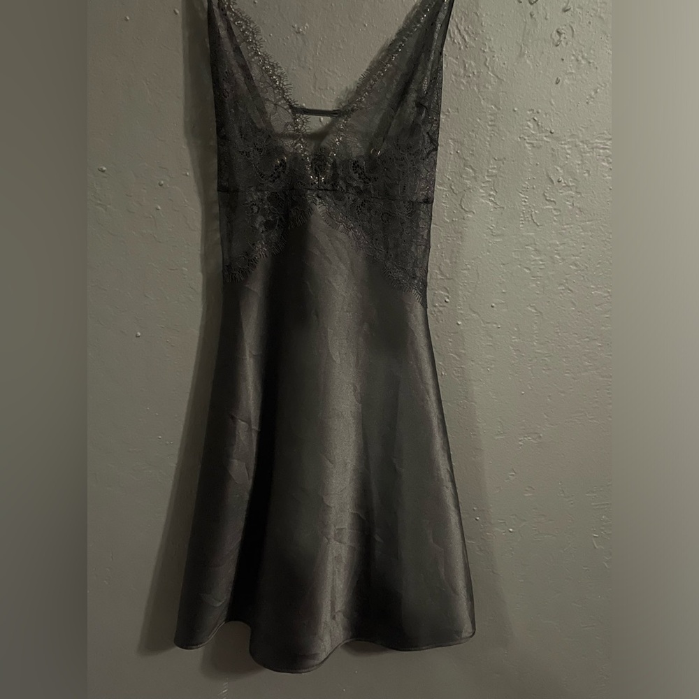 Victoria’s Secret Black Lace-Trim Satin Slip Dress - Women Intimates